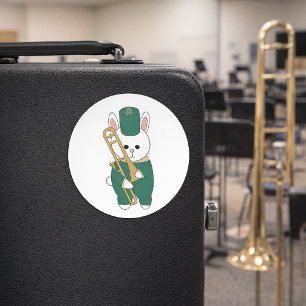 Sticker Rond Musicien Lapin Trombone Joueur Vert Or