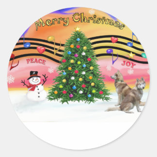 Sticker Rond Musique de Noël 2 - Husky sibérien (deux rouges)