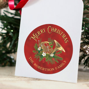 Sticker Rond Musique de Noël élégante Cor français Personnalisé
