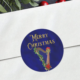 Sticker Rond Musique élégante de Noël Harpe Bleu marine