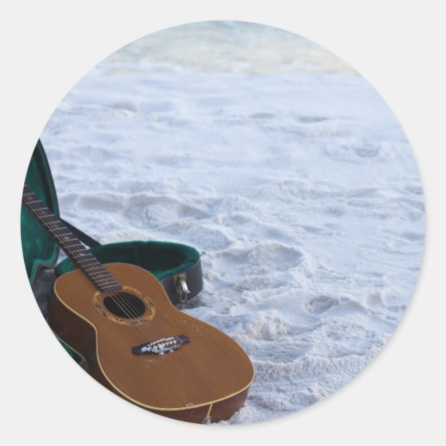 Sticker Rond Musique Guitare Love Sea Lonely Beach (Devant)