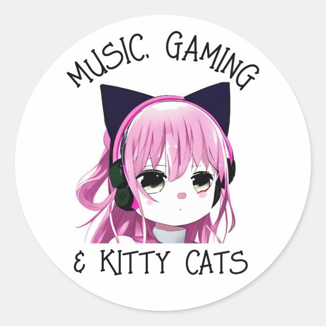 Sticker Rond Musique, Jeu et Kitty Chat Anime Girl (Devant)