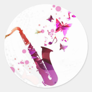Sticker Rond Musique mignonne et papillons de saxophone
