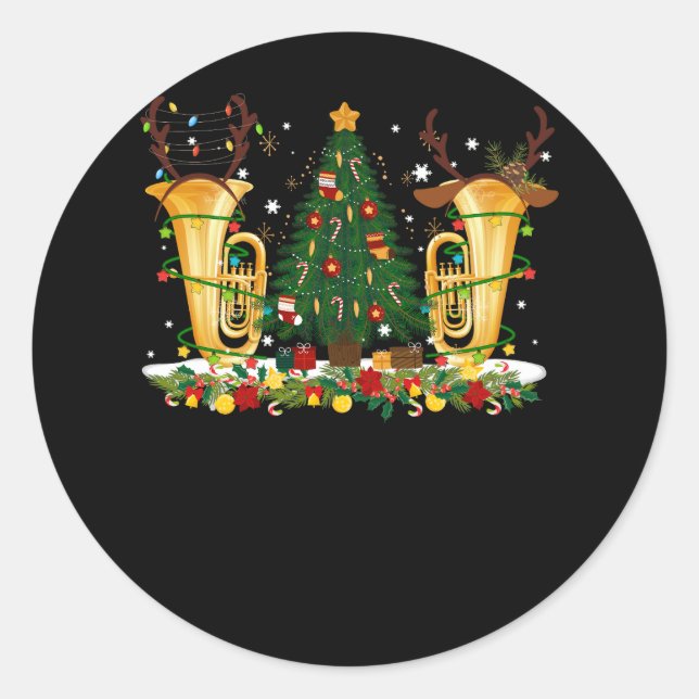 Sticker Rond Musique Tuba Amant Xmas Éclairage Rindeer Corne Jo (Devant)