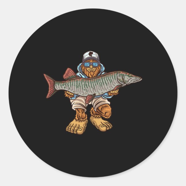 Sticker Rond Muskie Fishing Tigre Musky Chasse Pêcheur Bigfoot (Devant)
