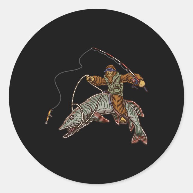Sticker Rond Muskie Fishing Tigre Musky Chasse Pêcheur Bigfoot (Devant)