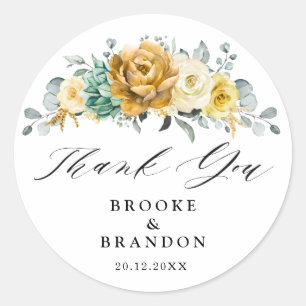 Sticker Rond Mustard Jaune Floral Moderne Merci Mariage