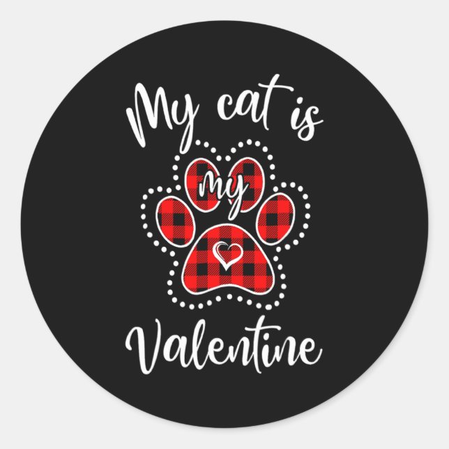 Sticker Rond My Cat Is My Valentine Red Plaid Cat Lover Valenti (Devant)