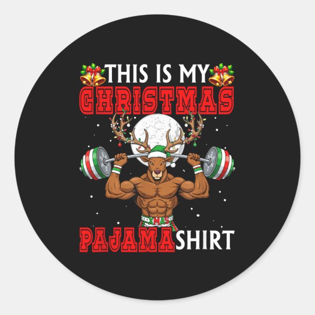 Sticker Rond My Christmas Pajama Shirt Reindeer Muscle Weightli (Devant)