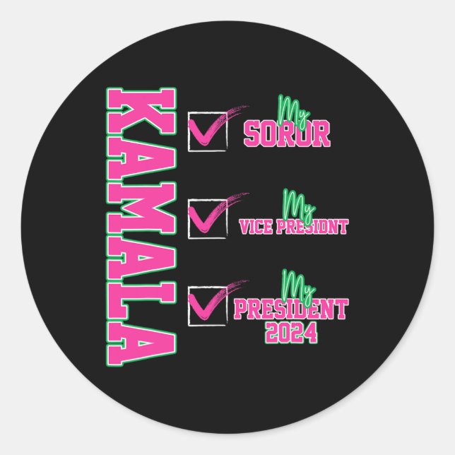 Sticker Rond My Soror Kamala Walz Président Kamala-harris 2024 (Devant)