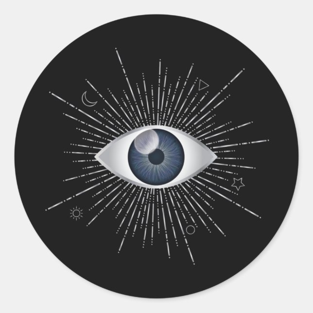 Sticker Rond Mystic Silver and Blue Eye Nazar Mati on Black (Devant)
