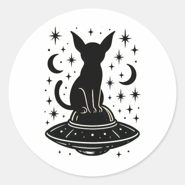 Sticker Rond Mystical Cat on UFO with Stars & Moons (Devant)