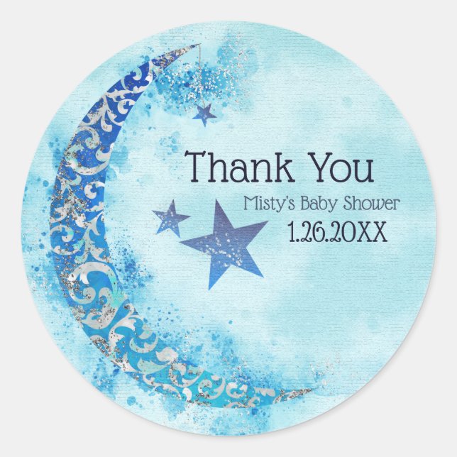 Sticker Rond Mystique Bleu et Argent Aquarelle Moitié Lune Luna (Devant)