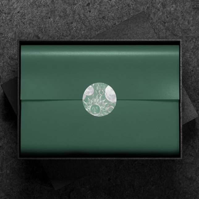 Sticker Rond Mystique solaire | Dusty Green Silver Moon Stars S (Créateur téléchargé)