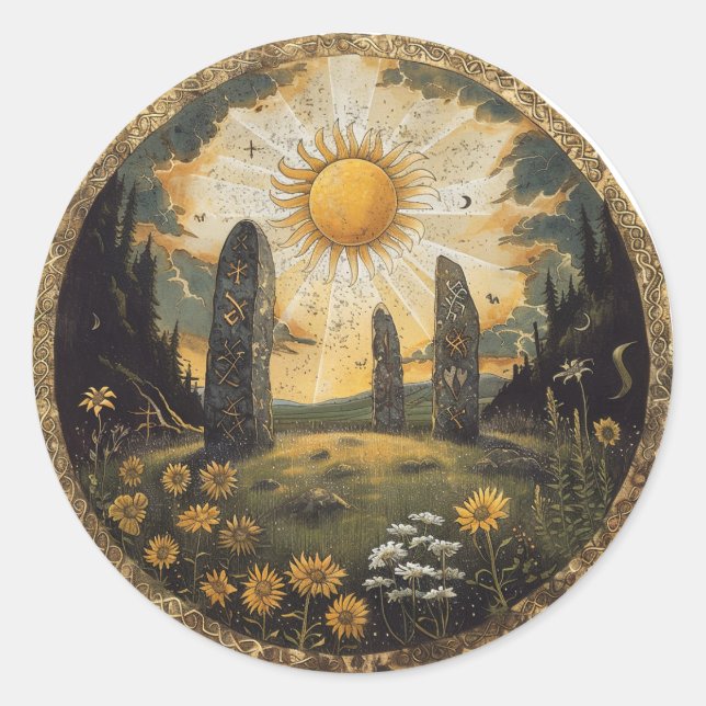 Sticker Rond Mythologie celtique et symboles du soleil Litha (Devant)