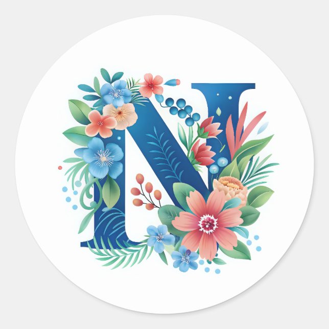 Sticker Rond N monogramme bleu avec fleurs (Devant)