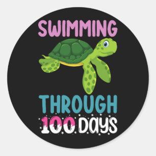 Sticker Rond Nager Jusqu'À 100 Jours De Tortue Scolaire