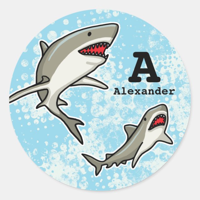 Sticker Rond Nager les requins, ajouter le nom de l'enfant et l (Devant)