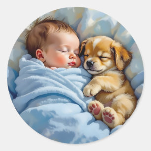 Sticker Rond Naissance bébé garçon Napping avec chiot