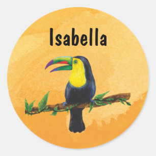 Sticker Rond Namensaufkleber orange - Tucan Aquarell-Design