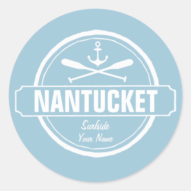 Sticker Rond Nantucket, MA nom personnalisé, ancre nautique (Devant)