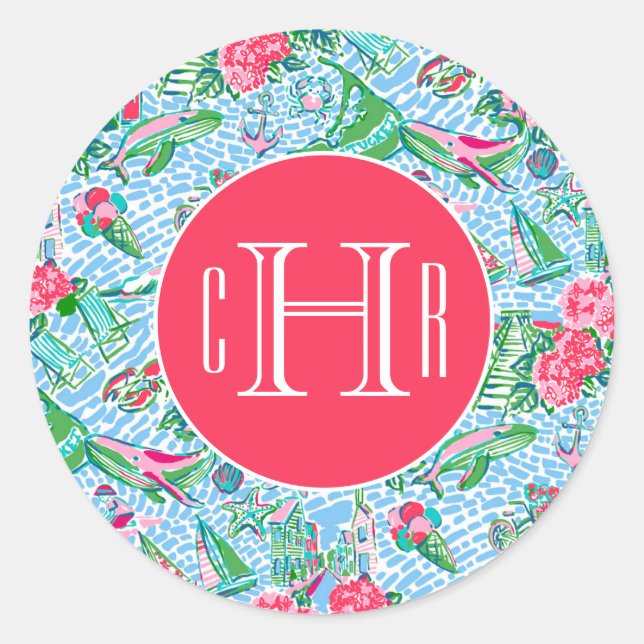 Sticker Rond Nantucket Preppy Palm Beach Imprimer Monogramme (Devant)