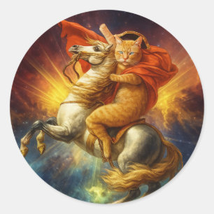 Sticker Rond Napoléon Chat Chevauchant un Cheval à Travers la G
