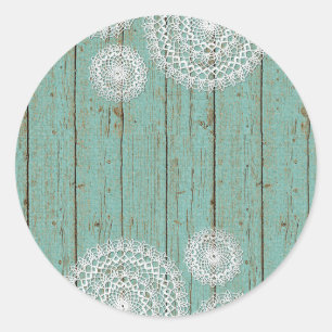 Sticker Rond Nappes rustiques au crochet sur bois de ferme turq