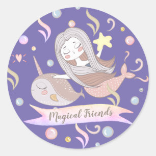 Sticker Rond Narval Sirène Étoile de mer Fantaisiste Violet