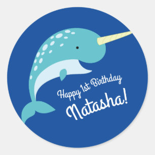 Sticker Rond Narwhals Ocean Cute 1er Anniversaire Thème de fête