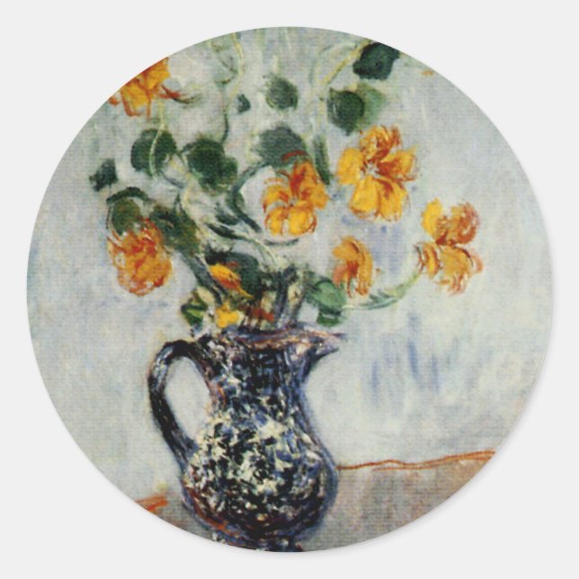 Sticker Rond Nasturtiums dans un vase bleu de Monet (Devant)