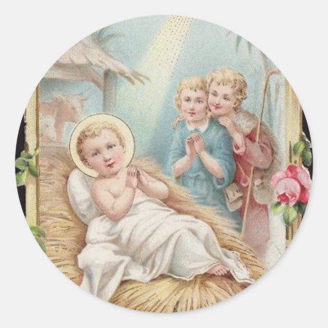 Sticker Rond Nativité Bébé Jésus Roses Enfants (Devant)