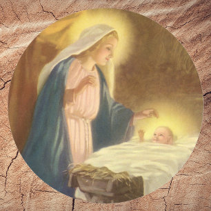Sticker Rond Nativité de Noël Vintage, Marie Joseph Bébé Jésus