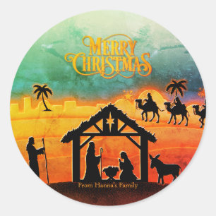 Sticker Rond Nativité d'or personnalisée "Joyeux Noël"
