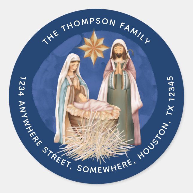 Sticker Rond Nativité Nom du retour Adresse Gold Texte Bleu (Devant)