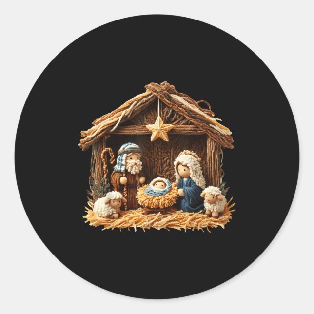 Sticker Rond Nativity Scene Faux Yarn Crochet Jesus Christmas R (Devant)