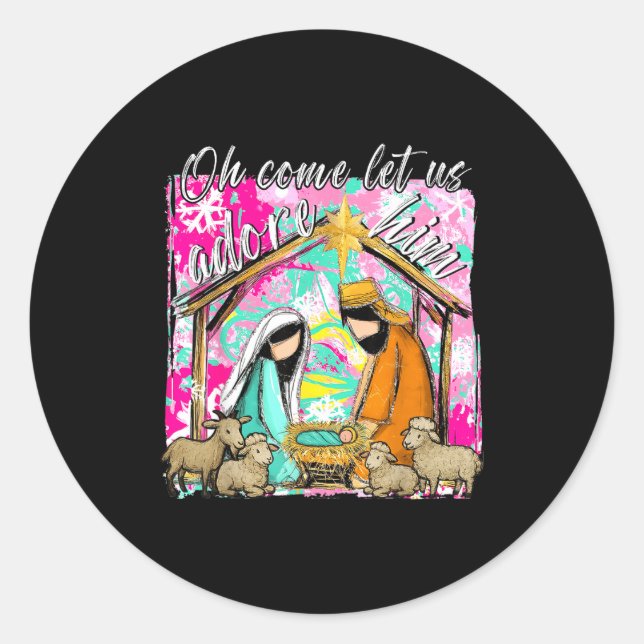 Sticker Rond Nativity Scene Oh Come Let Us Adore Him Christmas  (Devant)
