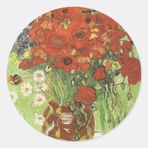 Sticker Rond Nature morte - Coquelicots rouges et marguerites