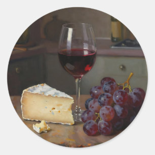 Sticker Rond Nature morte réaliste au vin rouge, fromage et rai