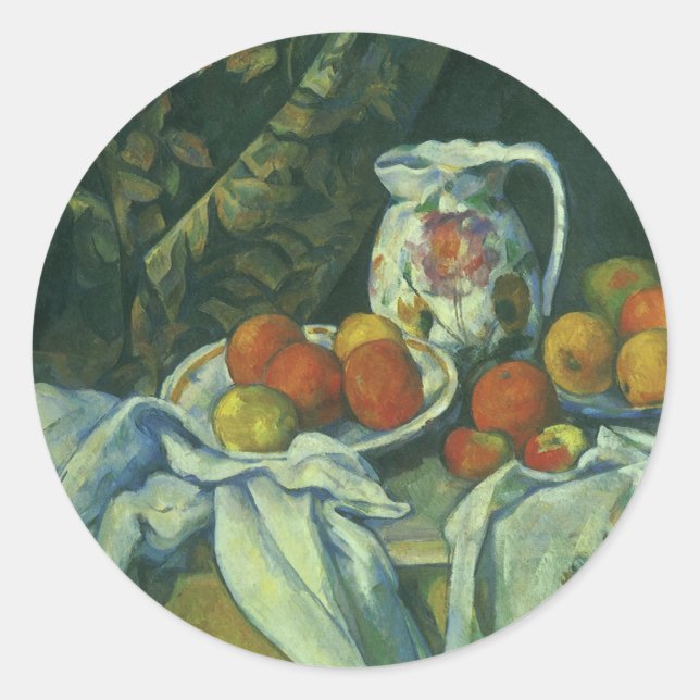 Sticker Rond Nature morte, rideau et pichet de Paul Cezanne (Devant)