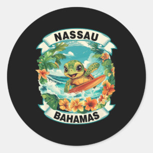 Sticker Rond Nau Hamas Tortue de mer mignonne surfant Vacances