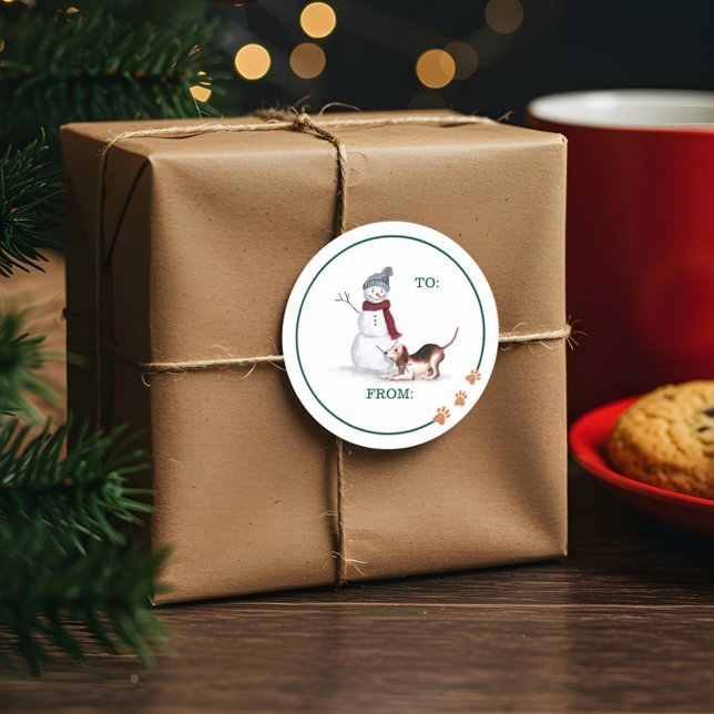 Sticker Rond Naughty Chien Aquarelle Beagle Jouer Avec Snowman (Naughty Dog Watercolor Beagle Playing With Snowman Classic Round Sticker)