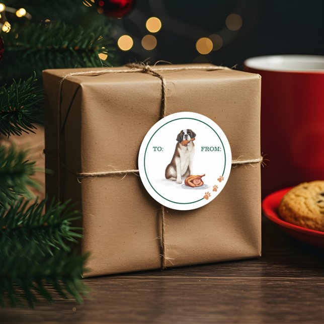 Sticker Rond Naughty Chien Aquarelle St Bernard Manger Turquie (Naughty Dog Watercolor St Bernard Eating Turkey Classic Round Sticker)