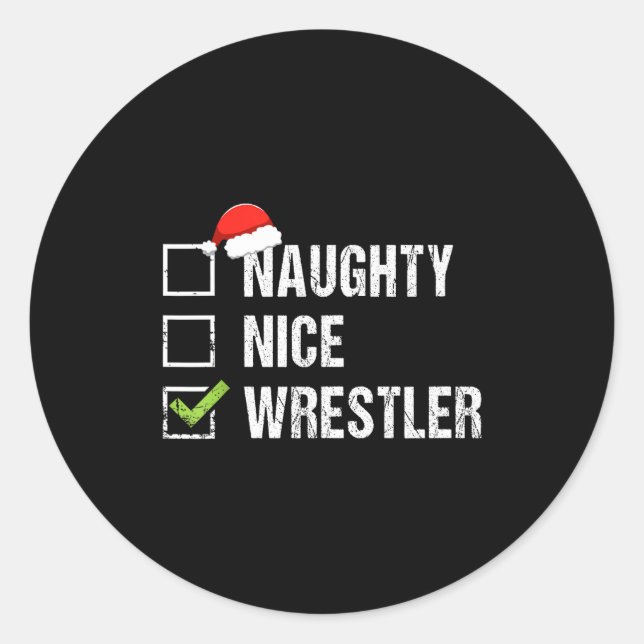 Sticker Rond Naughty Nice Wrestler Shirt Wrestling Santa Christ (Devant)