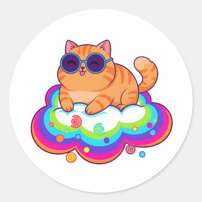 Sticker Rond naughty Orange Cat Blep on Rainbow Cloud (Devant)
