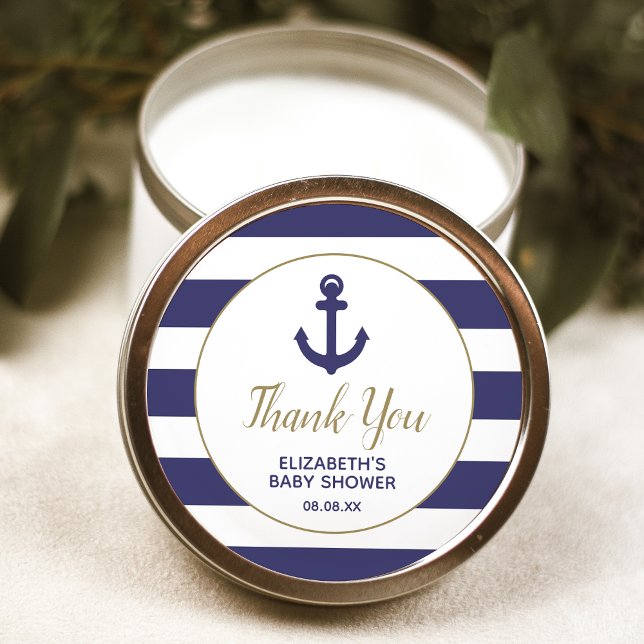 Sticker Rond Nautical Anchor Navy Baby Shower Thank You Classic (Créateur téléchargé)