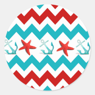 Sticker Rond Nautical Beach Rouge Turquoise Chevron Ancres Star