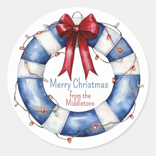 Sticker Rond Nautical Christmas Life Preserver With Bow (Devant)