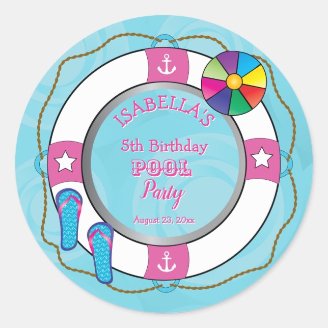 Sticker Rond Nautical Life Preserver 5e anniversaire Pool Party (Devant)