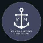 Sticker Rond Nautical Navy Blue Anchor Wedding<br><div class="desc">Add a stylish touch to your nautical wedding with this classic navy blue anchor wedding favor gift tag. Designed with a white anchor illustration, it features personalized bride and groom monogram, name, and wedding date in a white serif font on a navy blue background. Perfect for nautical weddings, beach weddings...</div>